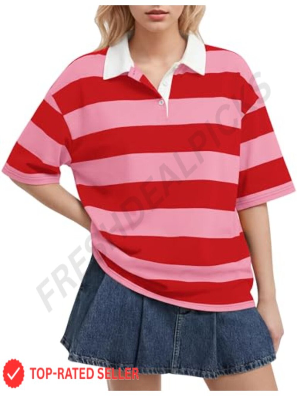 Women's Oversized Striped Long Sleeve Polo Shirt Cotton Blend Casual